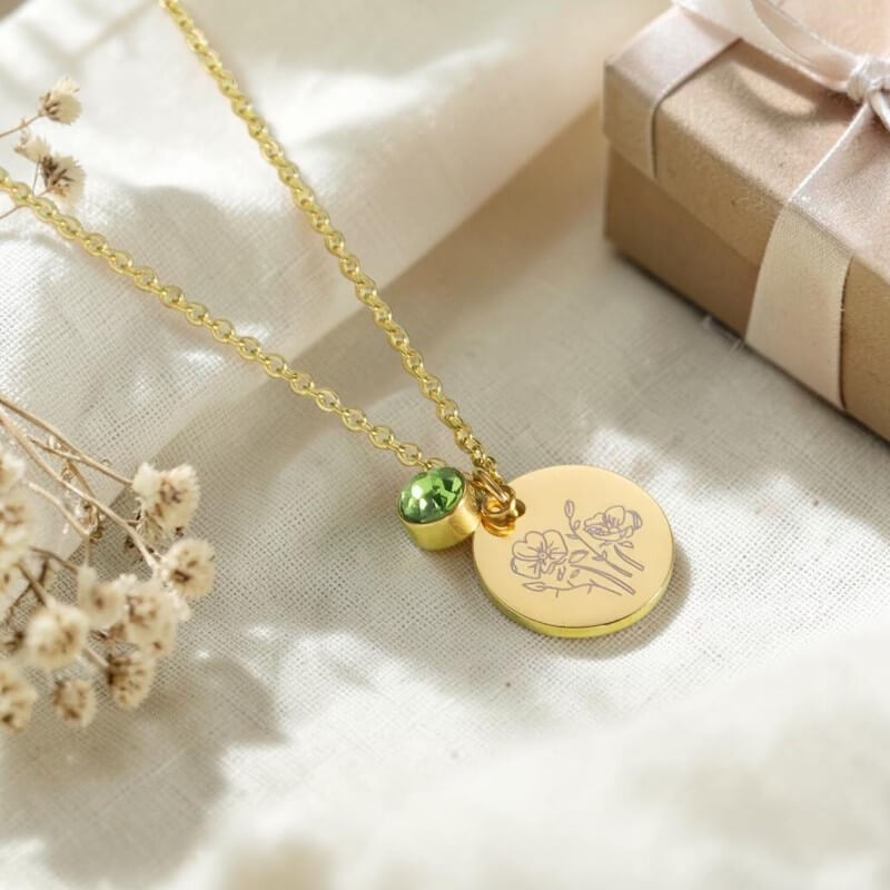 Birth Flower Disc & Birthstone Drop Necklace